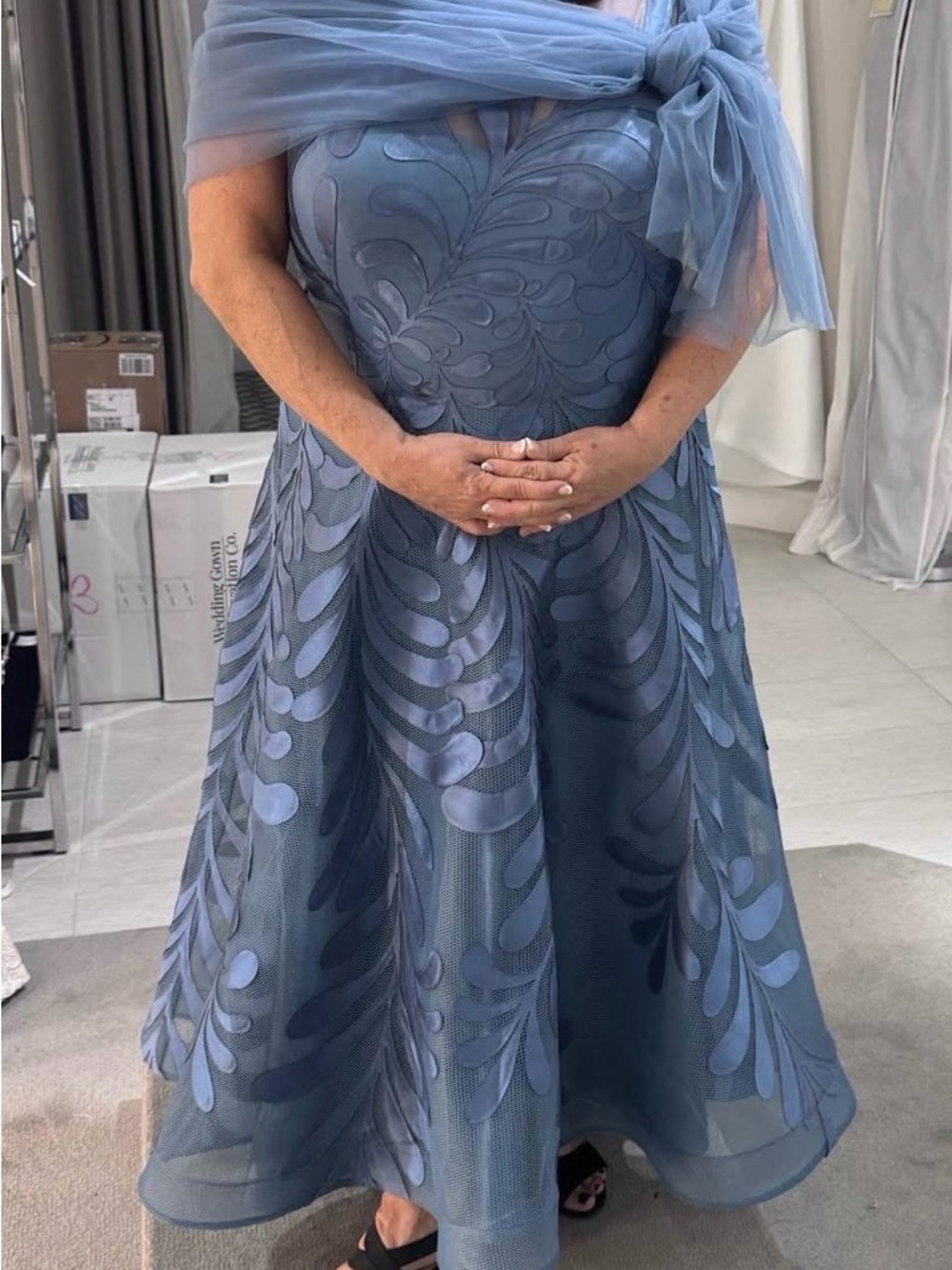 Slate Blue Embroidered Midi Dress with Draped Tulle Shawl